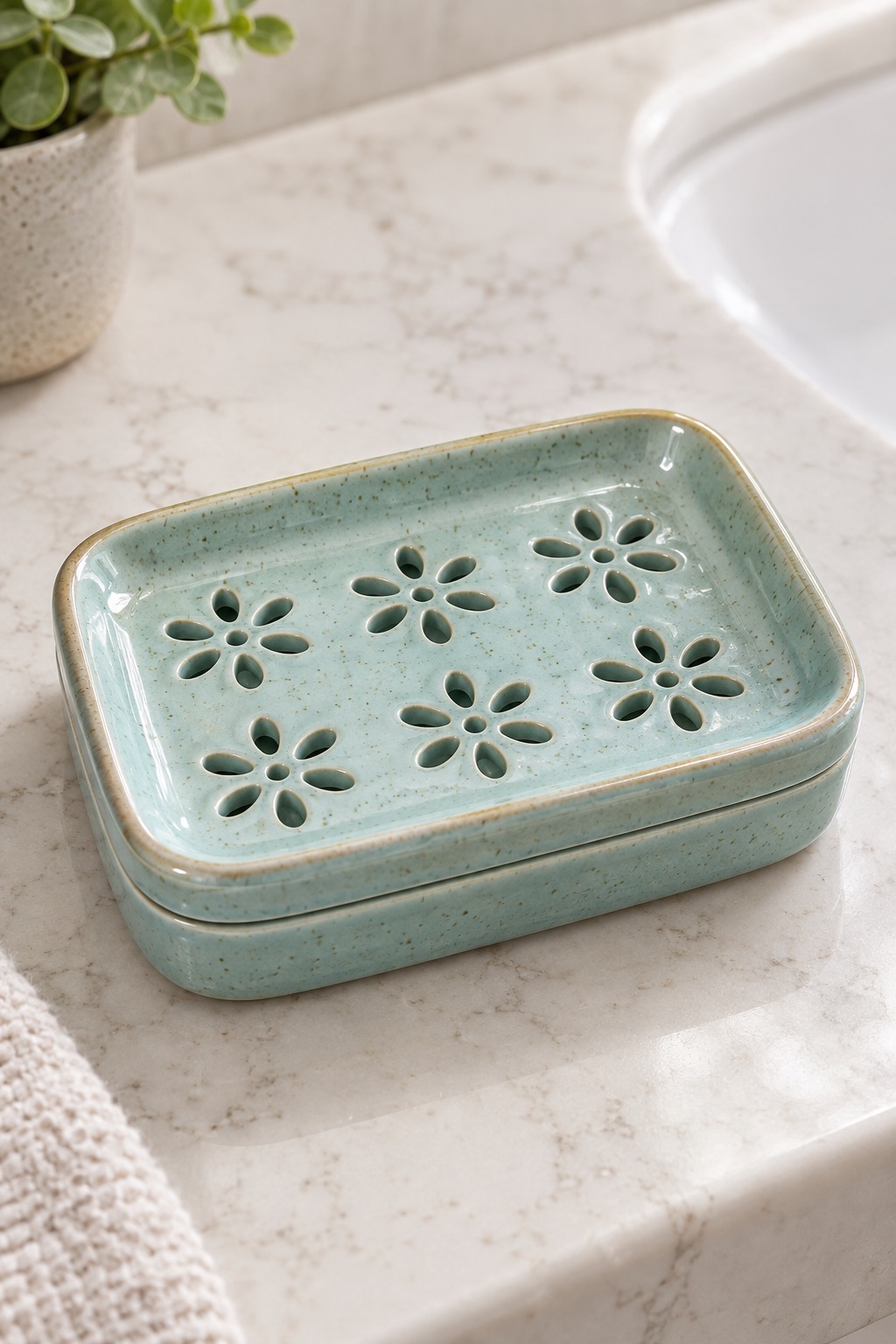 AI-generated visualization approximating the design of the Miamolo Floral-Cutout Two-Layer Ceramic Soap Dish, Blue beside a guest-bathroom sink.