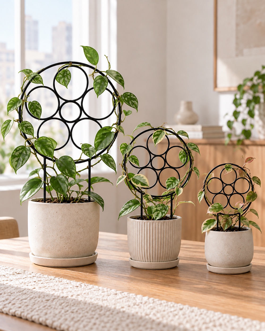 AI-generated visualization approximating three round black Whtawtaw Hoya trellises