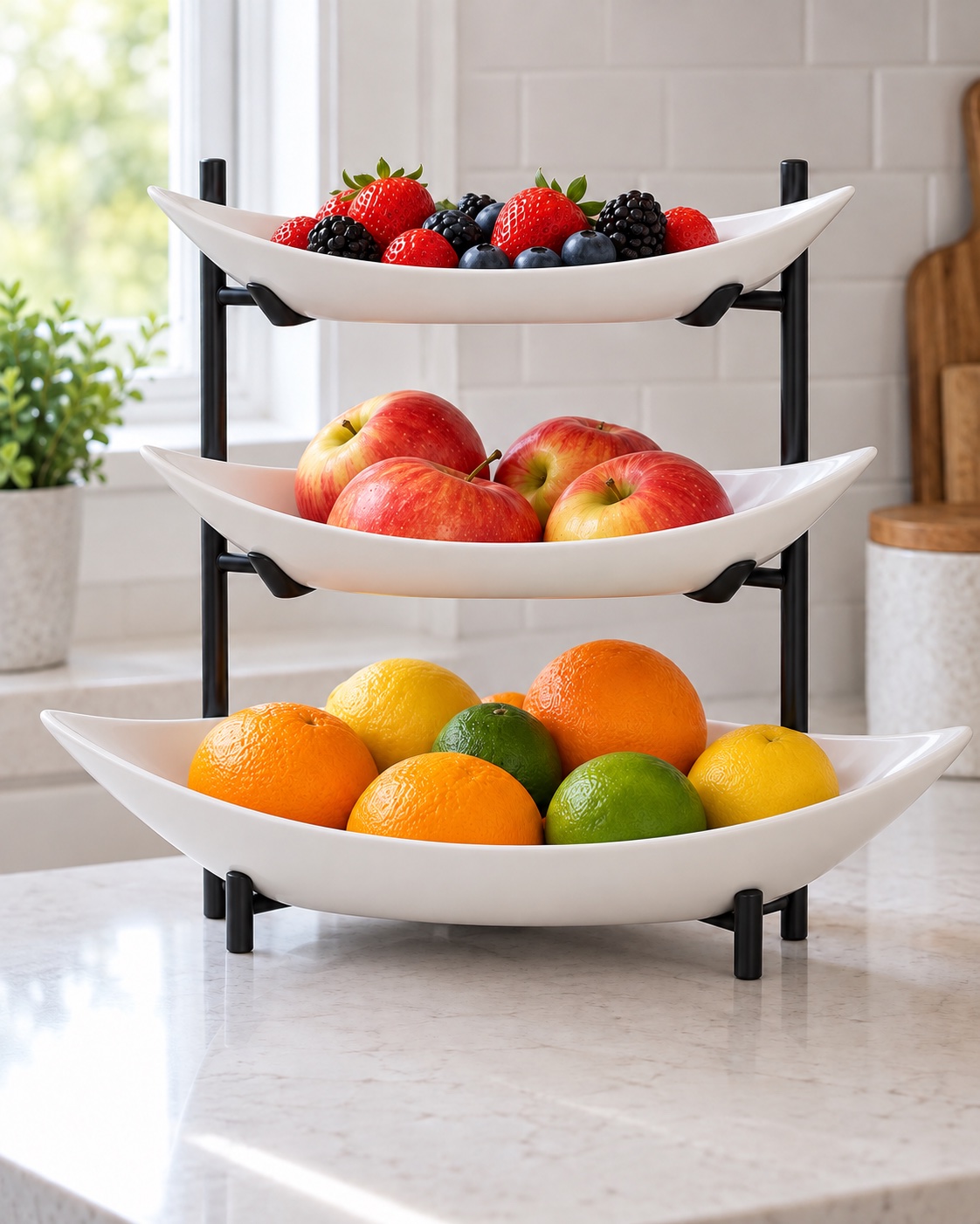 Three shallow white produce bowls on a black metal stand