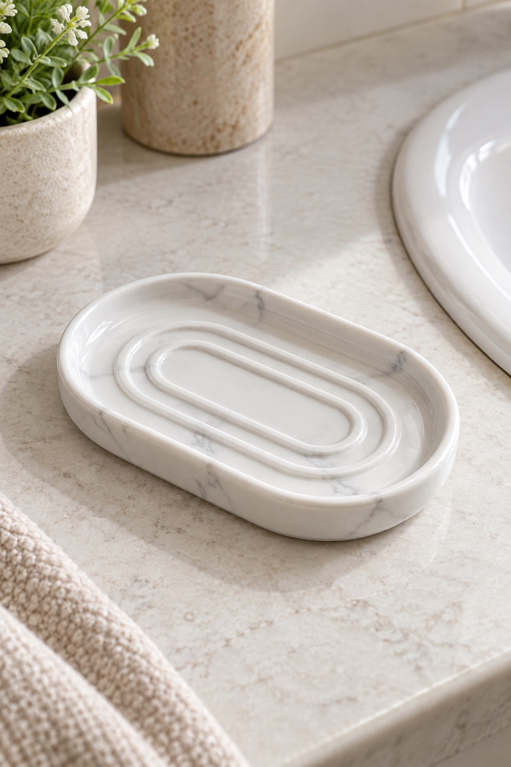 AI-generated visualization approximating the design of the WUCYLKA Oval Marble-Pattern Ceramic Soap Dish, White beside a guest-bathroom sink.