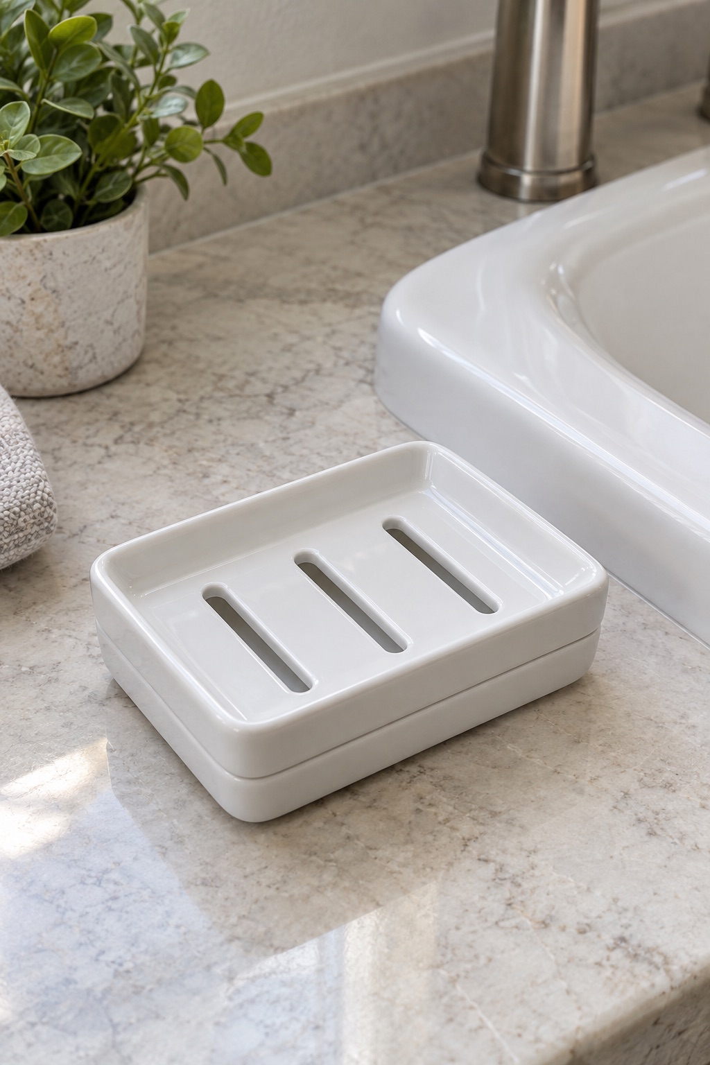 AI-generated visualization approximating the design of the Lofekea Three-Slot Double-Layer Ceramic Soap Dish, White beside a guest-bathroom sink.