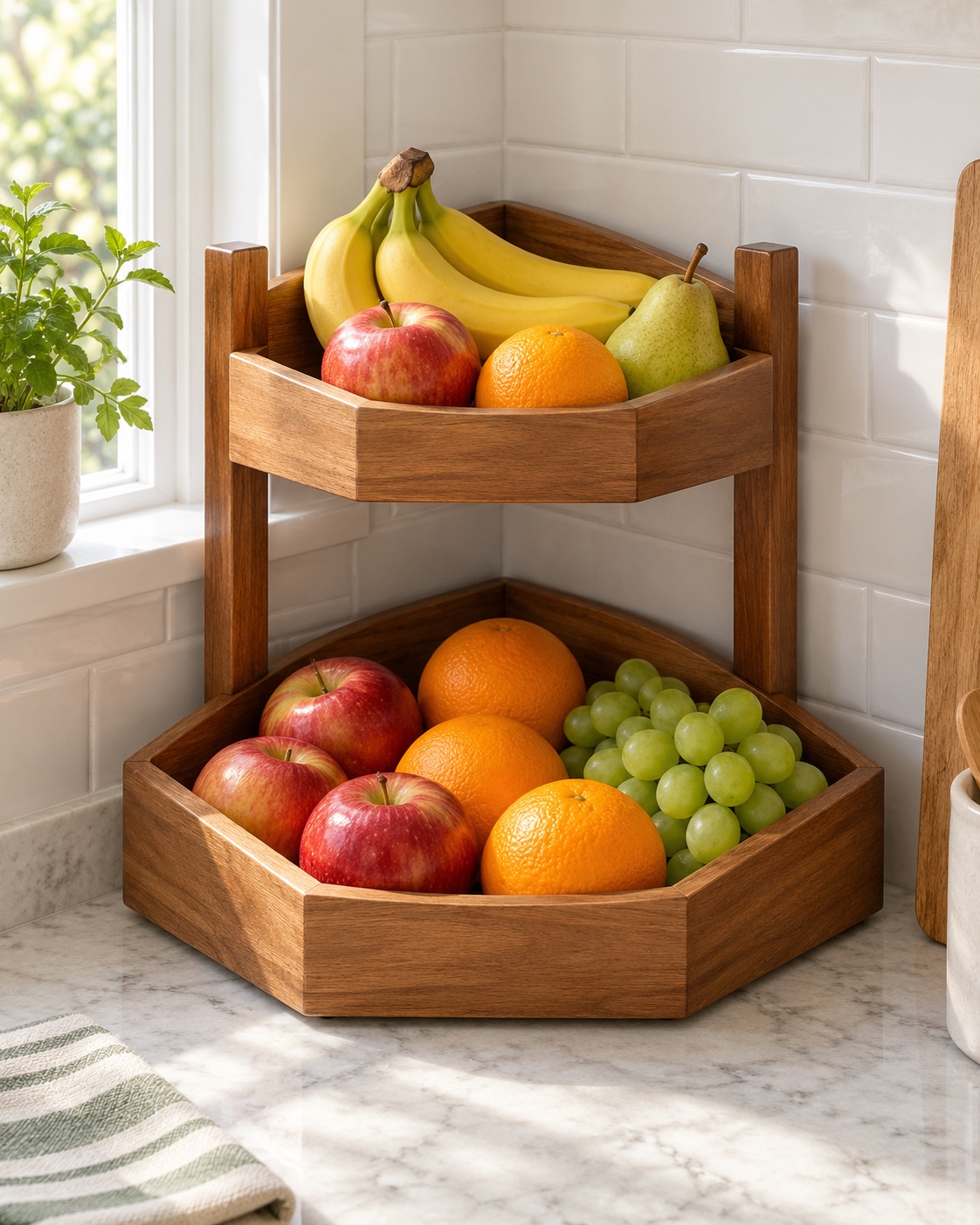 Two-tier wooden corner fruit organizer on a small kitchen counter
