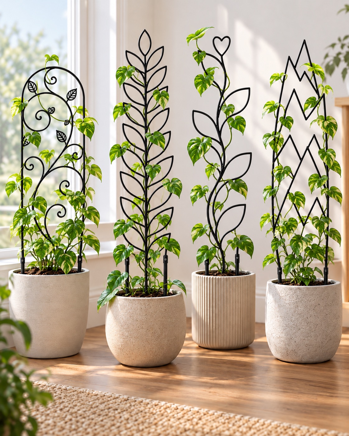AI-generated visualization approximating four different Xeeol decorative trellis shapes