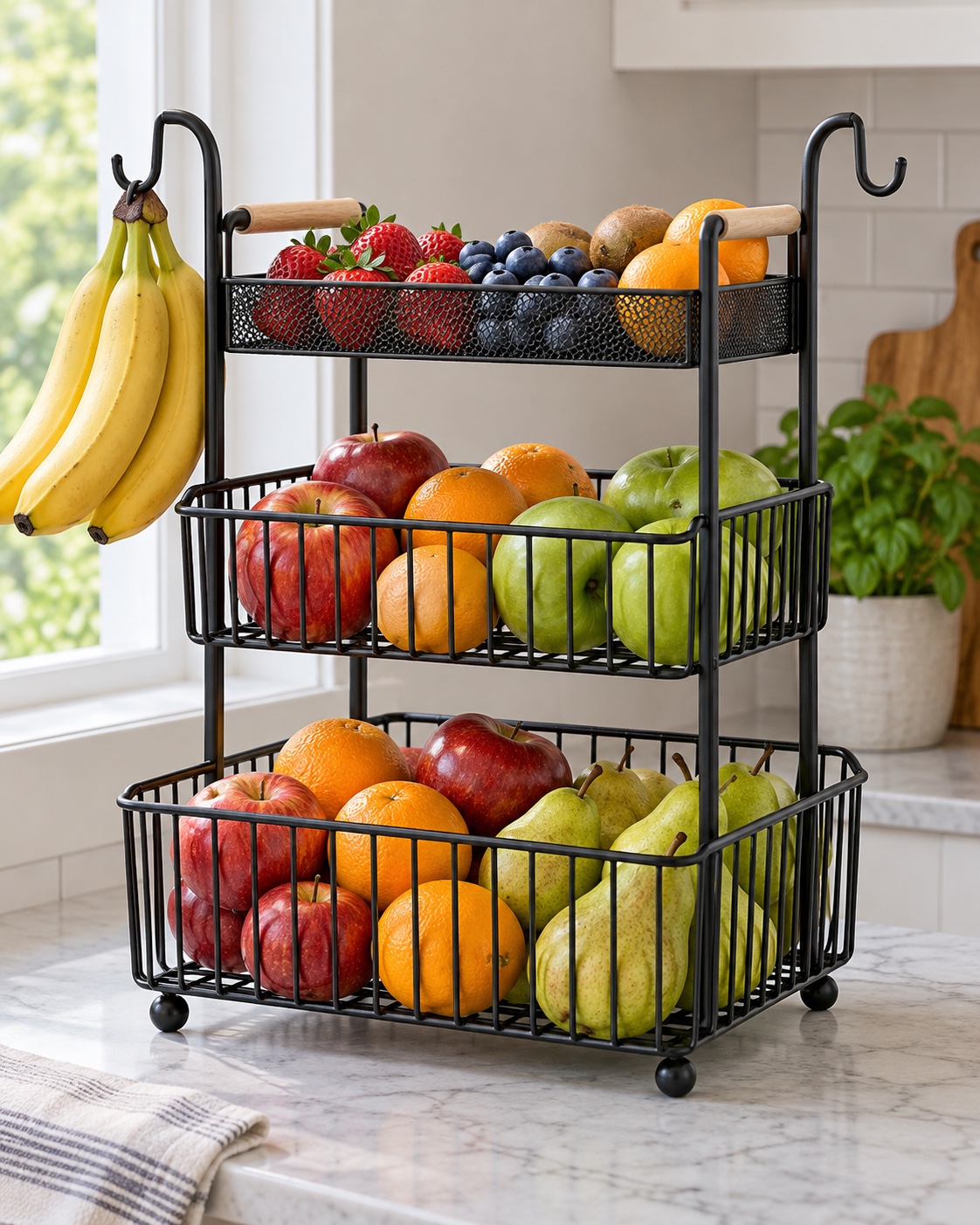 Three-tier black metal fruit basket with mesh top tray and side hooks