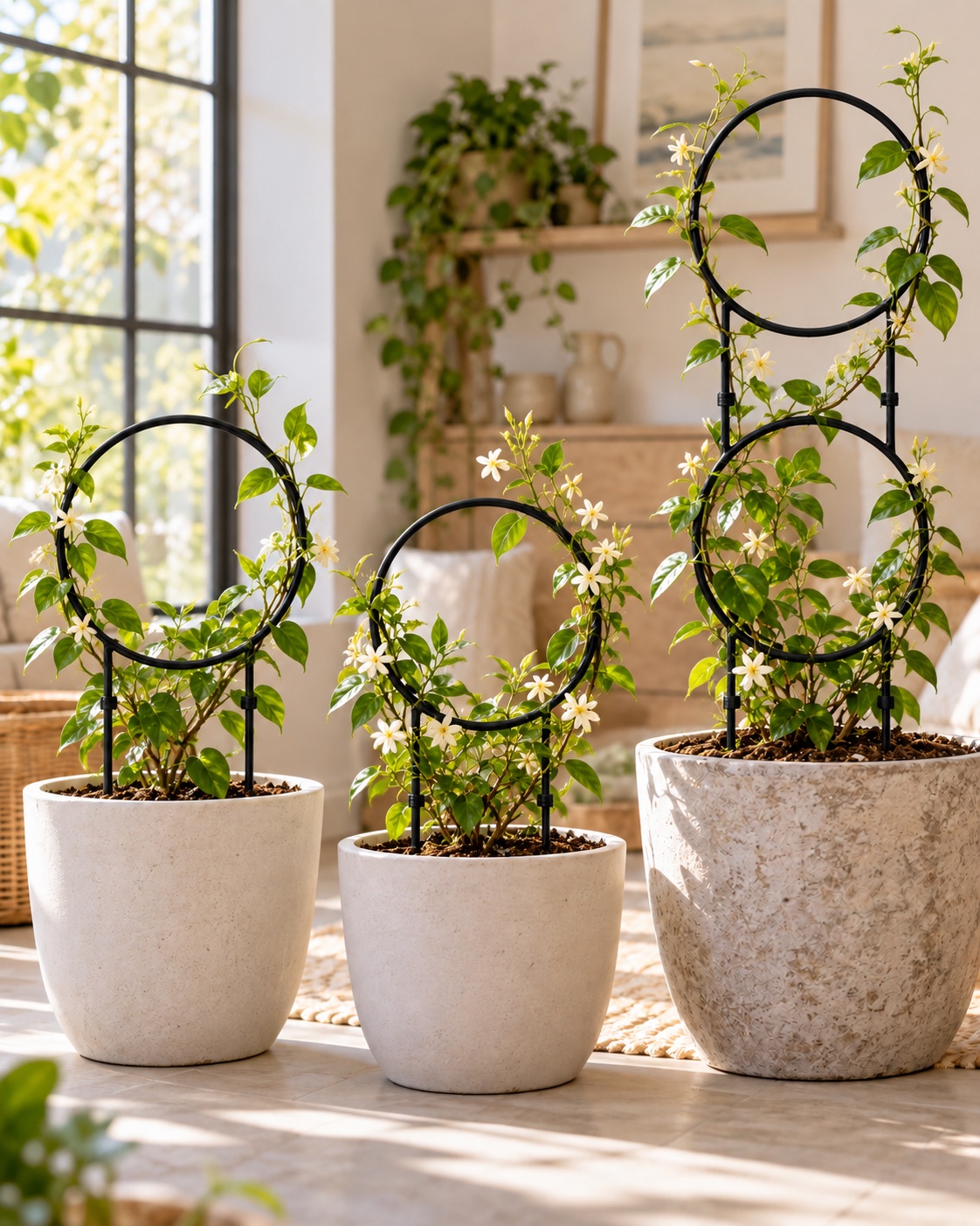 AI-generated visualization approximating four circular IA Garden stackable trellis panels