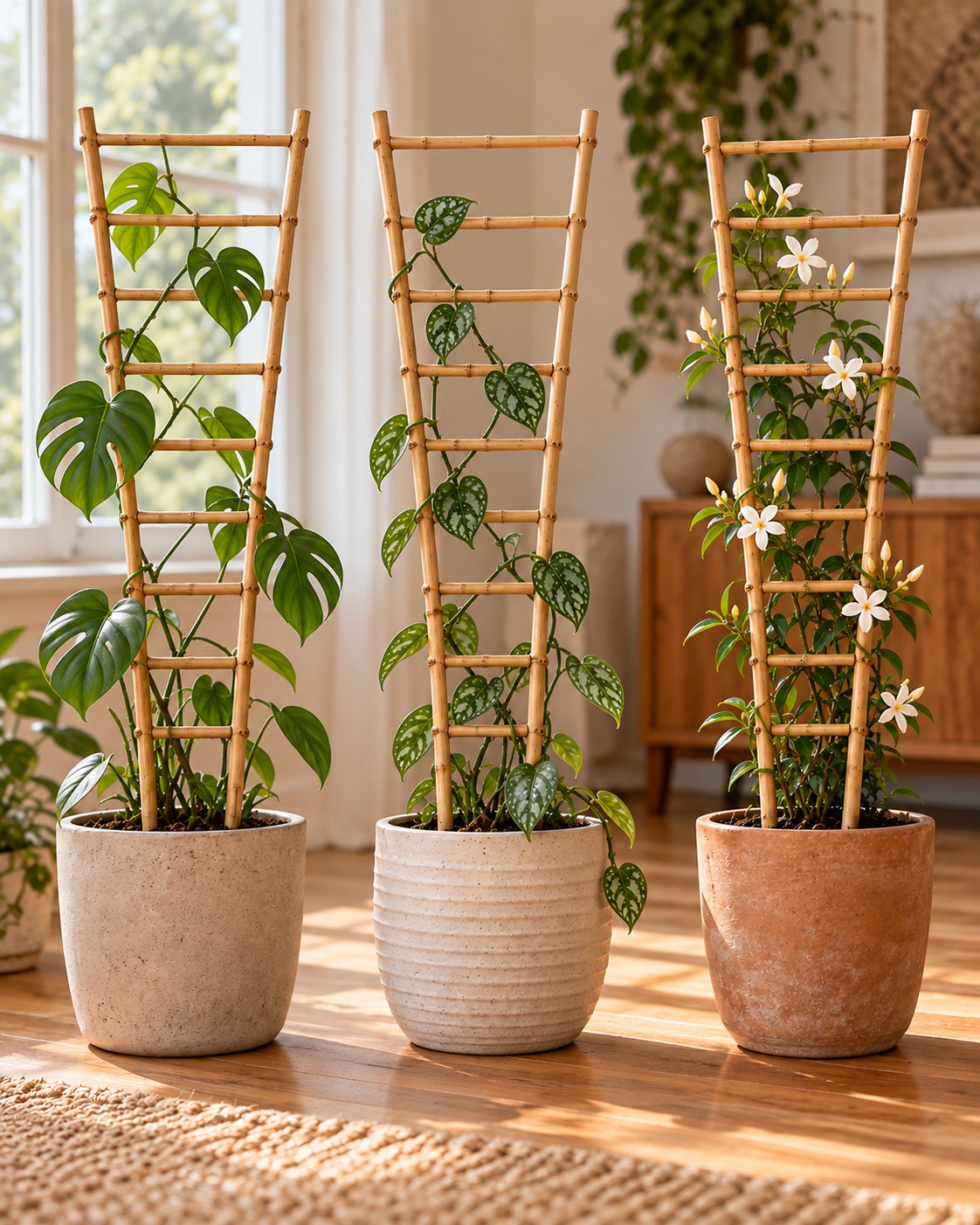 AI-generated visualization approximating three natural bamboo Mininfa ladder trellises