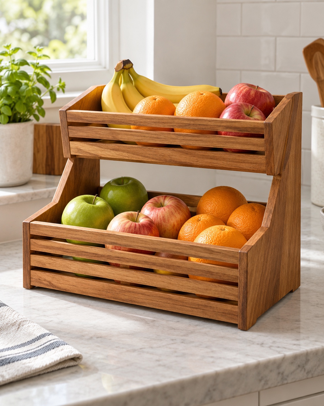 Two-tier acacia wood slatted fruit organizer