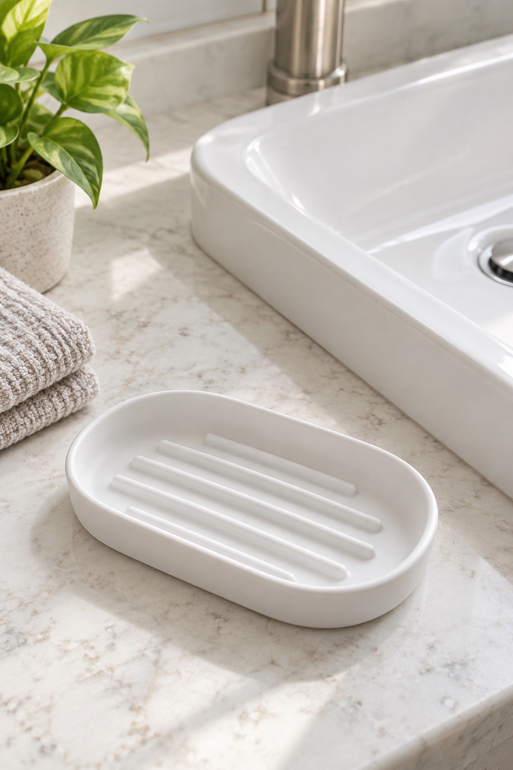 AI-generated visualization approximating the design of the Umbra Touch Soap Dish, White beside a guest-bathroom sink.