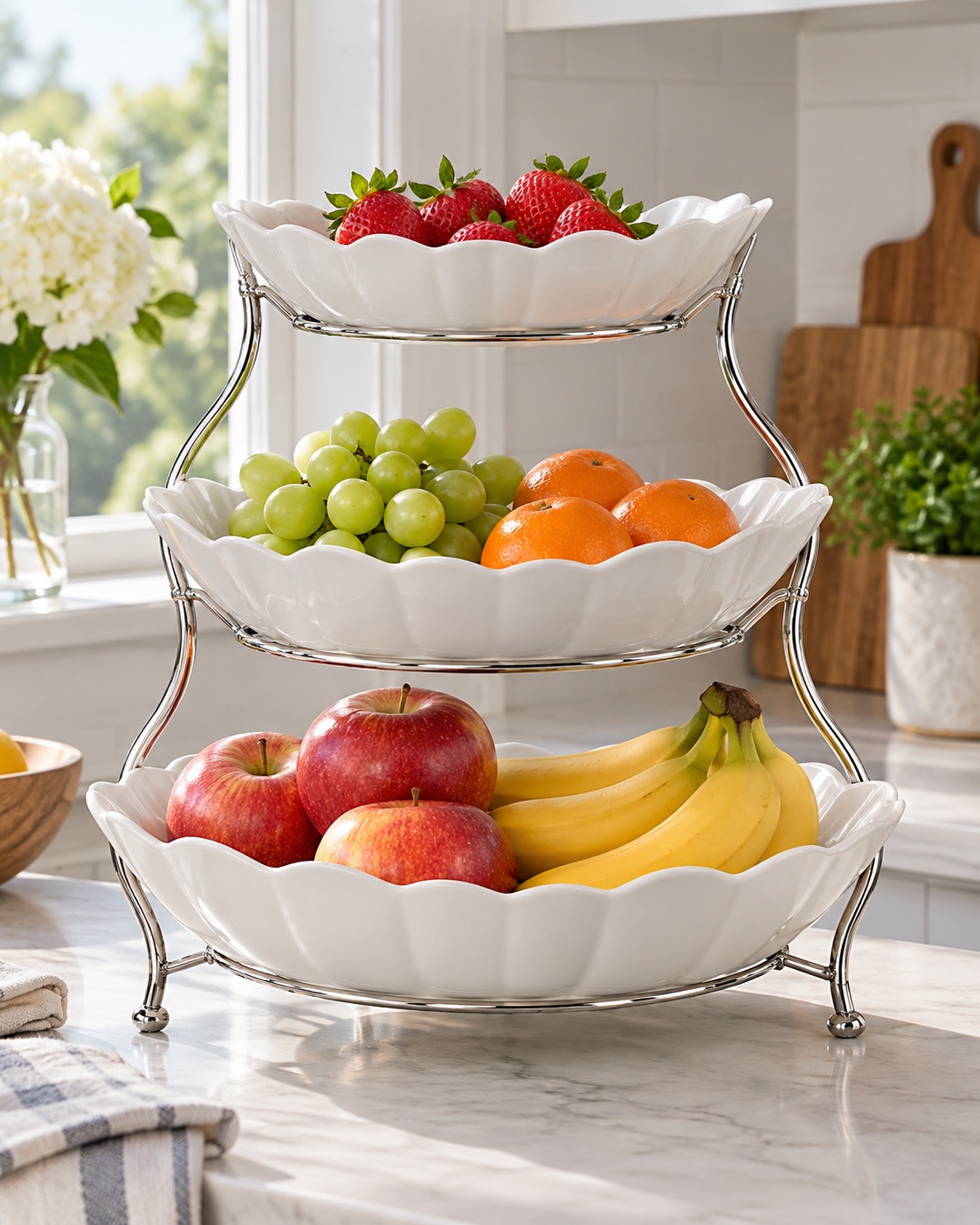 Three scalloped white ceramic fruit bowls on a silver stand