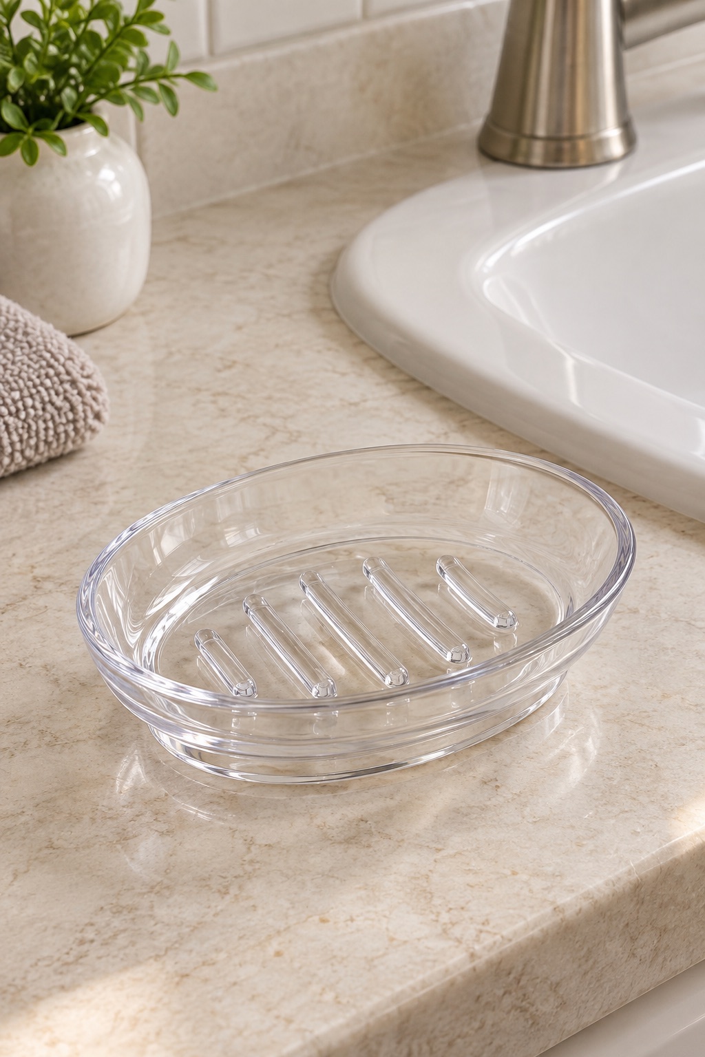 AI-generated visualization approximating the design of the iDesign Franklin Soap Dish, Clear beside a guest-bathroom sink.