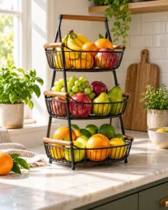 Tiered fruit basket organizing produce on a bright small kitchen counter