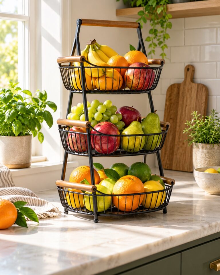 Tiered fruit basket organizing produce on a bright small kitchen counter