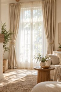 Layered sheer and linen curtains framing a sunlit living room.