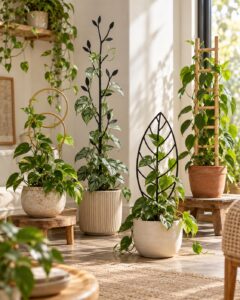 Decorative indoor plant trellises supporting vining houseplants