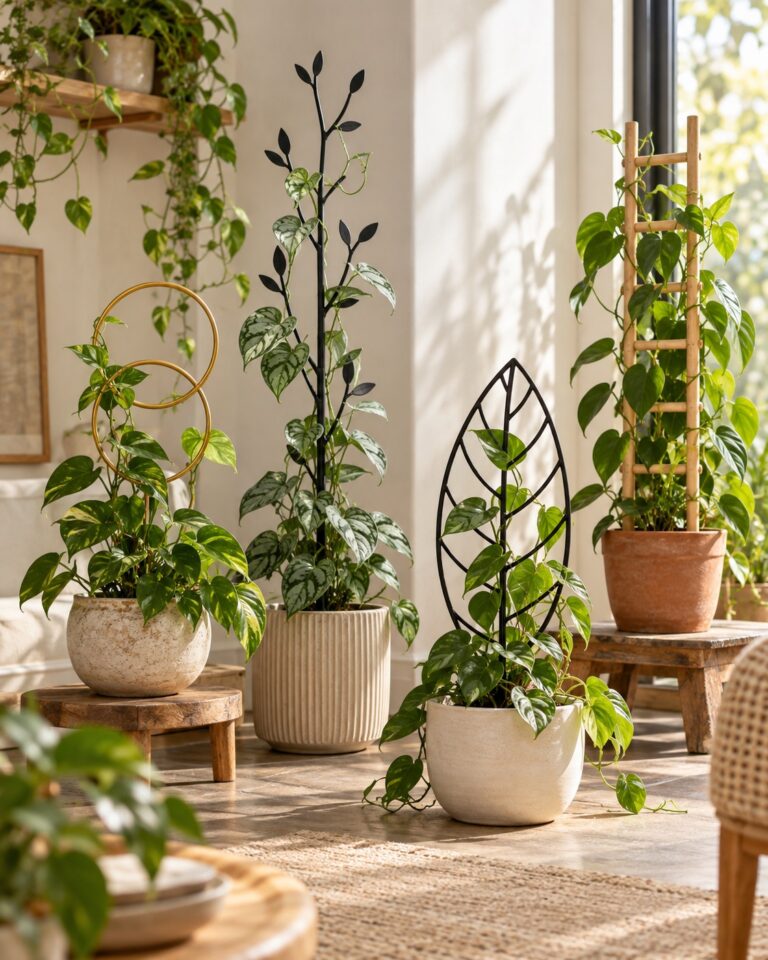 Decorative indoor plant trellises supporting vining houseplants