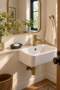 AI-generated guest-bathroom scene with a blue ceramic soap dish beside a compact white sink.