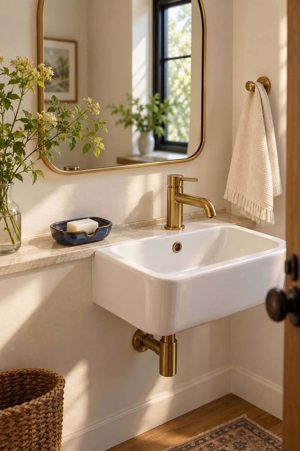 AI-generated guest-bathroom scene with a blue ceramic soap dish beside a compact white sink.