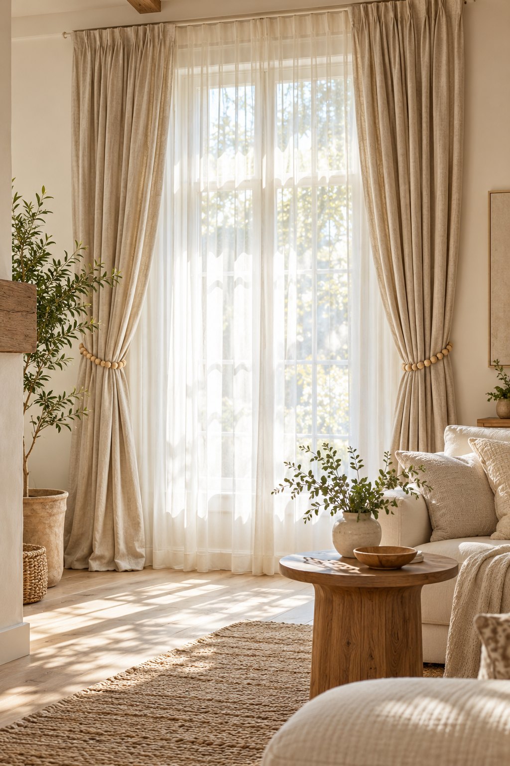 Layered sheer and linen curtains framing a sunlit living room.