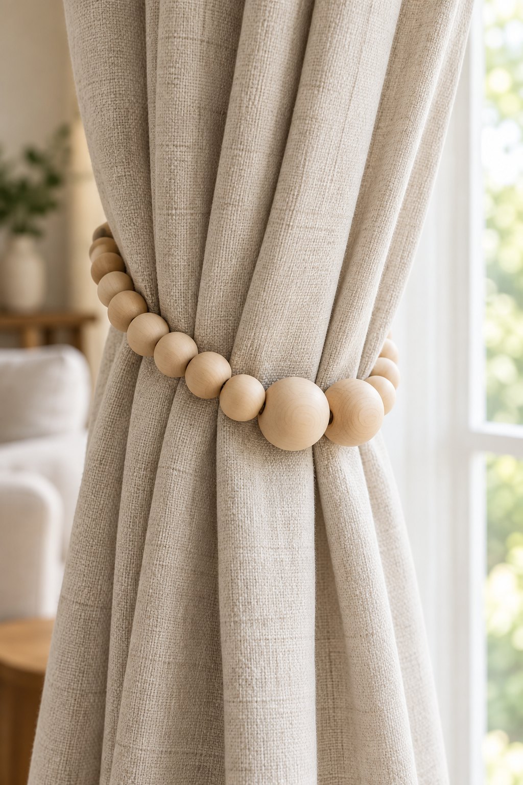 AI-generated visualization approximating the design of the KLOGTSIND Wood-Bead Magnetic Tiebacks on a living-room curtain.
