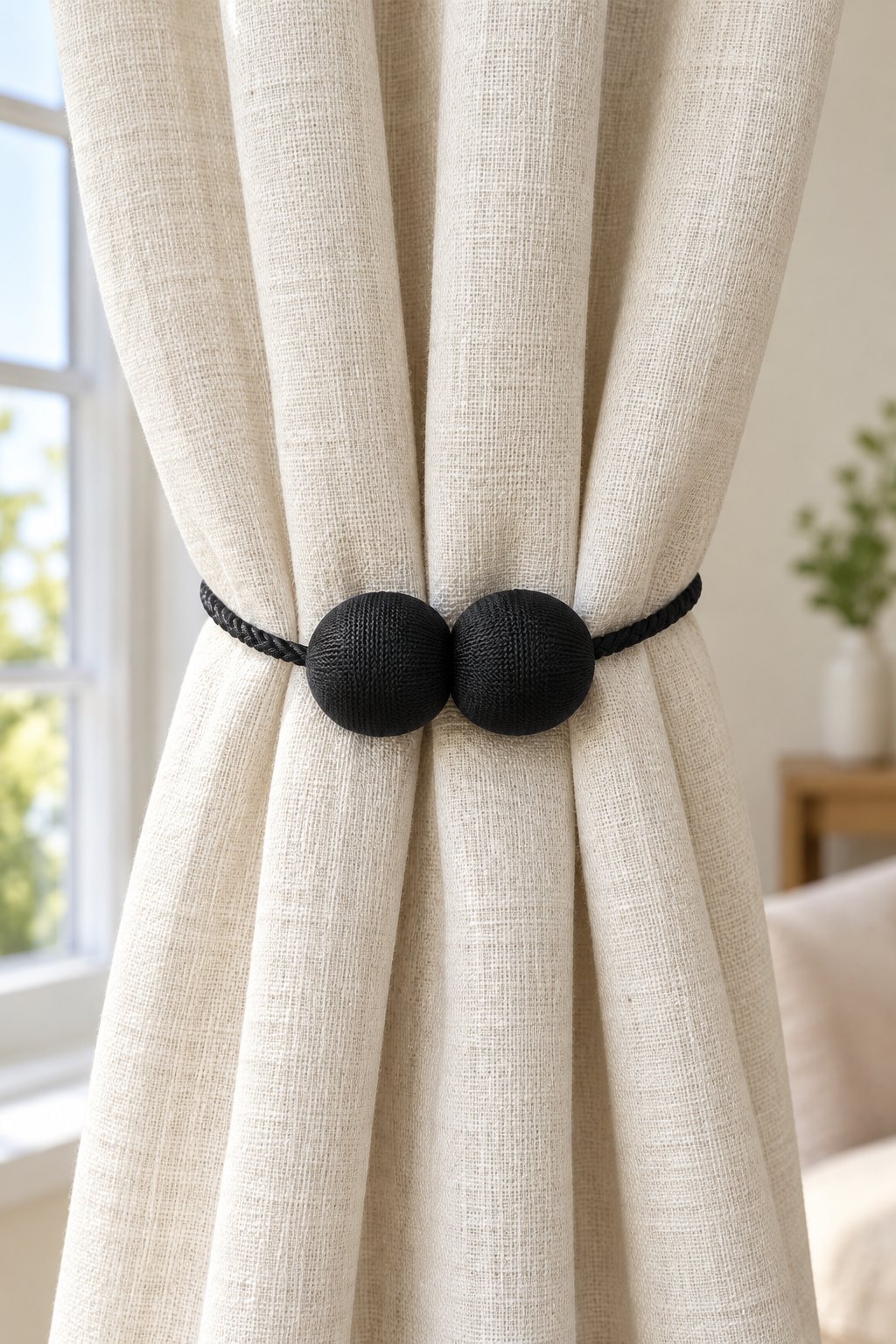 AI-generated visualization approximating the design of the Hion Black Magnetic Rope Tiebacks on a living-room curtain.
