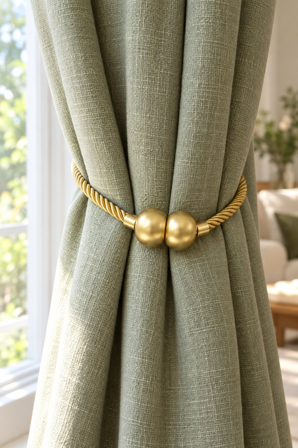AI-generated visualization approximating the design of the HIASTRA Gold Magnetic Rope Tiebacks on a living-room curtain.