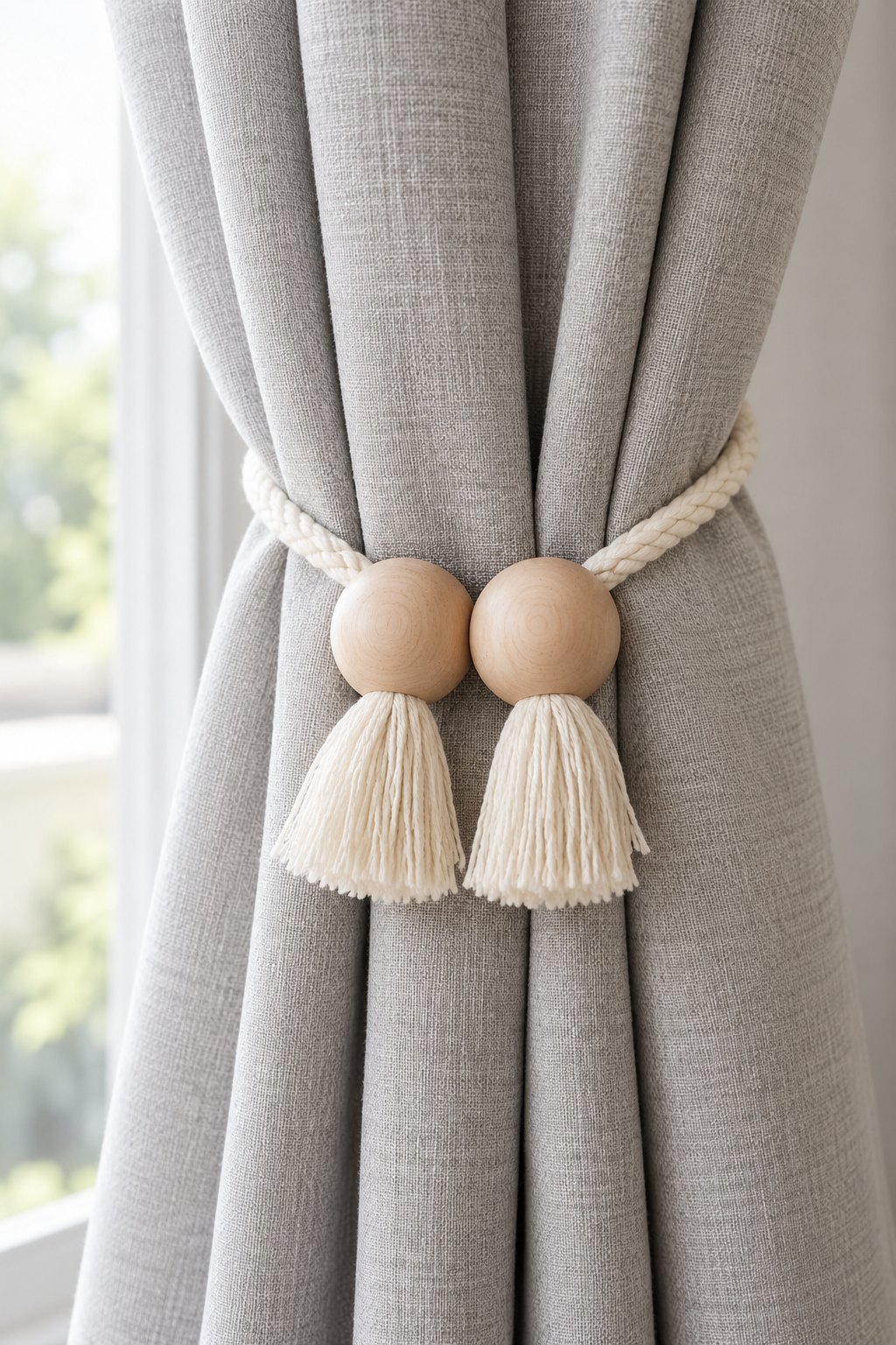 AI-generated visualization approximating the design of the Nieffeiy Beige Tassel Magnetic Tiebacks on a living-room curtain.