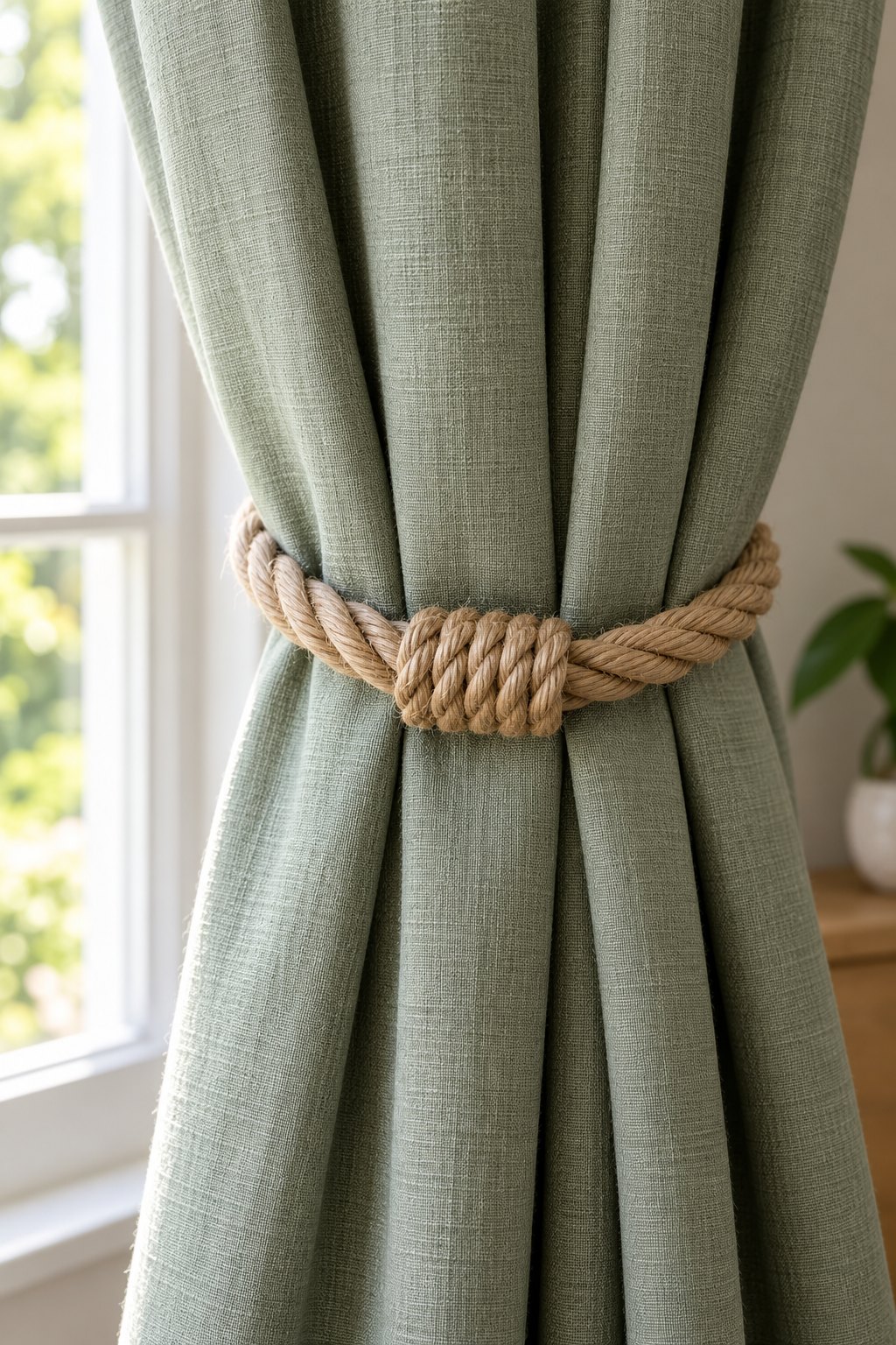 AI-generated visualization approximating the design of the BEL AVENIR Jute Knot Magnetic Tiebacks on a living-room curtain.