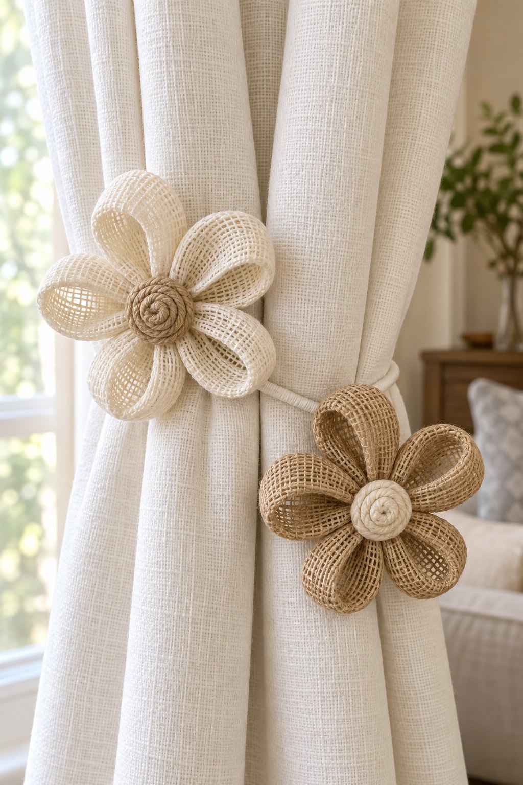 AI-generated visualization approximating the design of the SRG Cream-and-Khaki Flower Tiebacks on a living-room curtain.