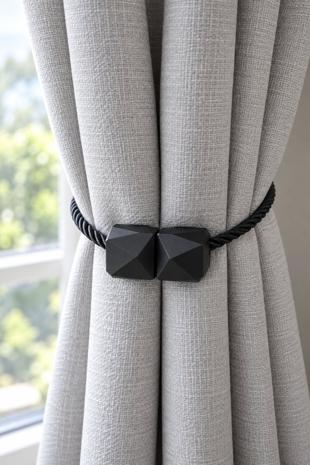 AI-generated visualization approximating the design of the NazTur Black Geometric Magnetic Tiebacks on a living-room curtain.
