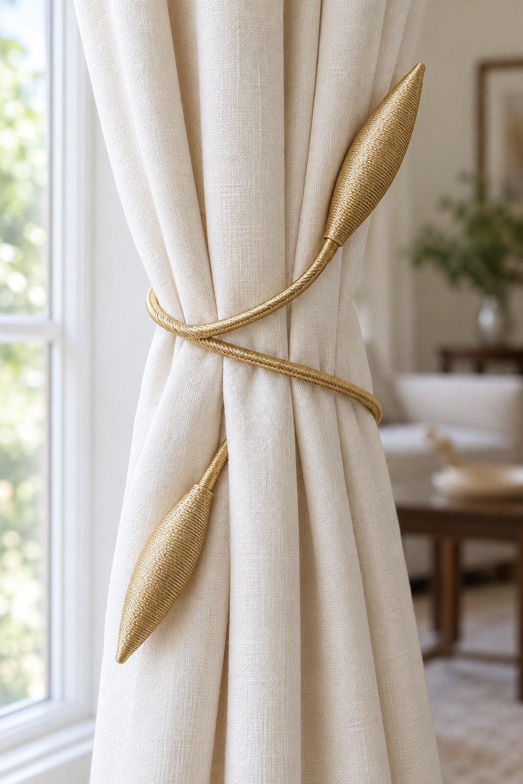 AI-generated visualization approximating the design of the SWTOOL Gold Twist-Wire Tiebacks on a living-room curtain.