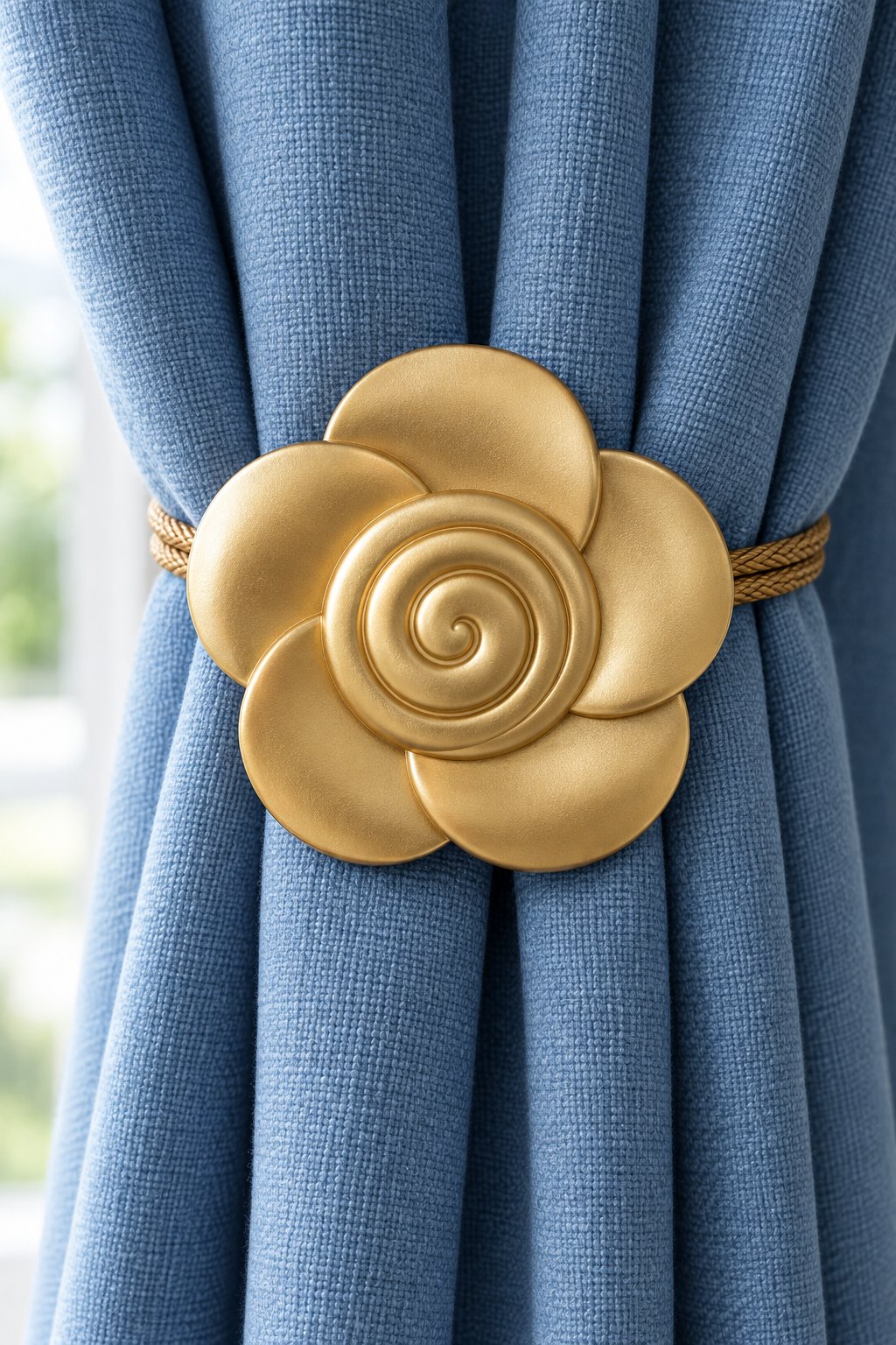 AI-generated visualization approximating the design of the Lewondr Gold Camellia Magnetic Tiebacks on a living-room curtain.