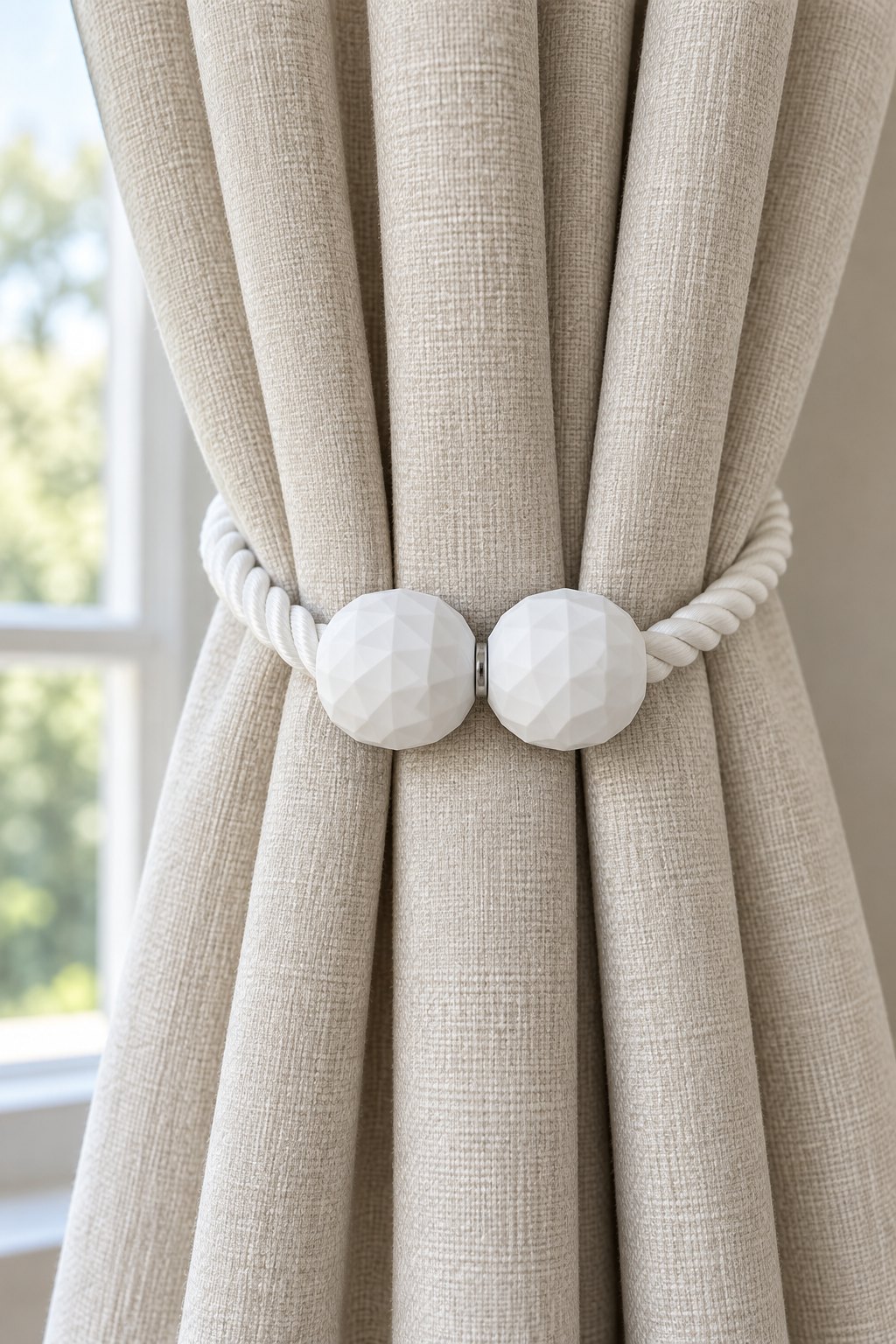 AI-generated visualization approximating the design of the Porlau White Faceted Magnetic Tiebacks on a living-room curtain.