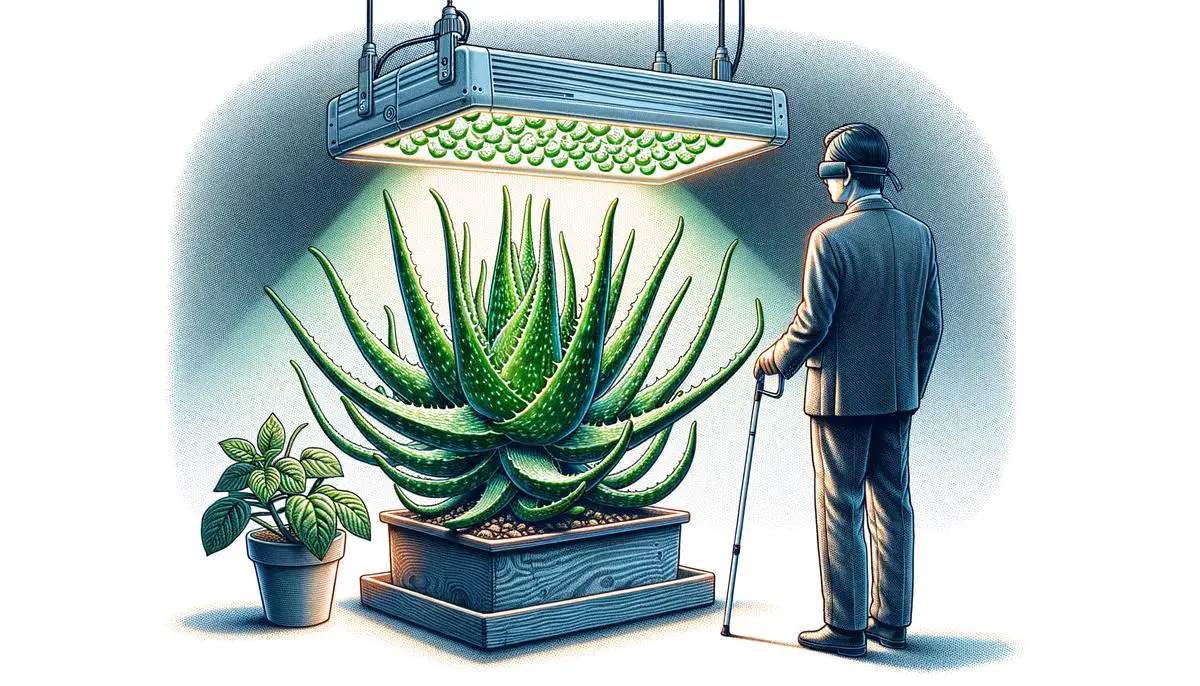 Aloe Vera plant under LED grow lights to demonstrate proper light care for a visually impared person
